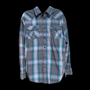Eighty Eight Men's Plaid Button-Up Shirt Gray Blue Long Sleeve Western Style, XL